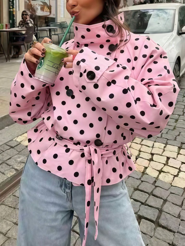 Pink Casual Polka Dot Drawstring Loose Windbreaker Women's Jacket